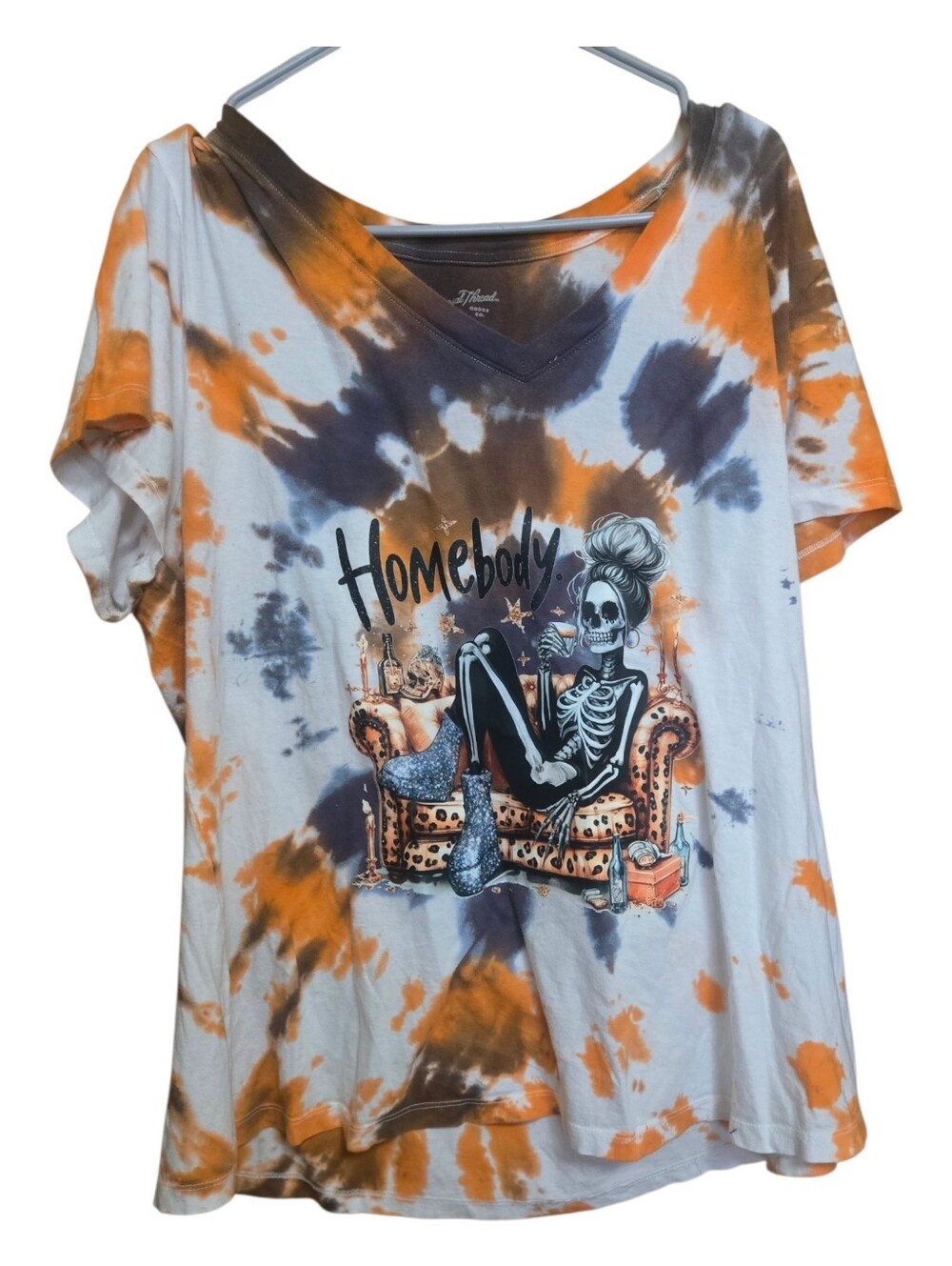 Upcycled Tie-Dye “Homebody Skeleton Graphic Tee Cozy Halloween Streetweat TS110